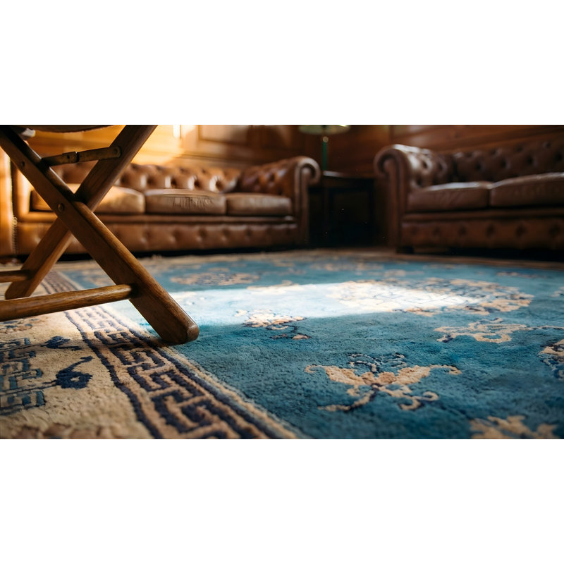 1900s Hand Knotted Pile Wool Antique Floral Medallion Rectangle Blue Rug