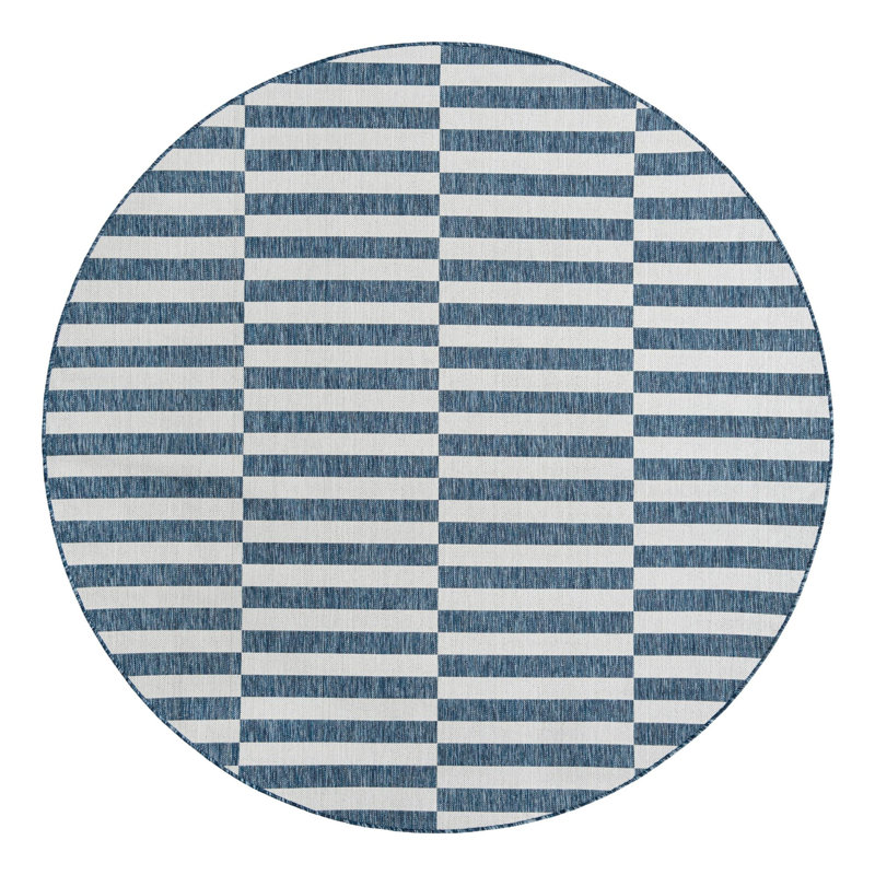 Pana Striped Navy Blue/Ivory Indoor / Outdoor Area Rug, Round 12'