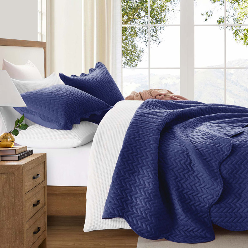 Embossed Microfiber Quilt Coverlet Set, Navy, California King ( 118 Inc x 106 Inc )