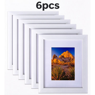 Set of 6 White 8×10 Picture Frames, MDF Wall Mount Frames with PS Glass & Acid-Free Mat – Horizontal/Vertical Display for Photos, Art, Certificates