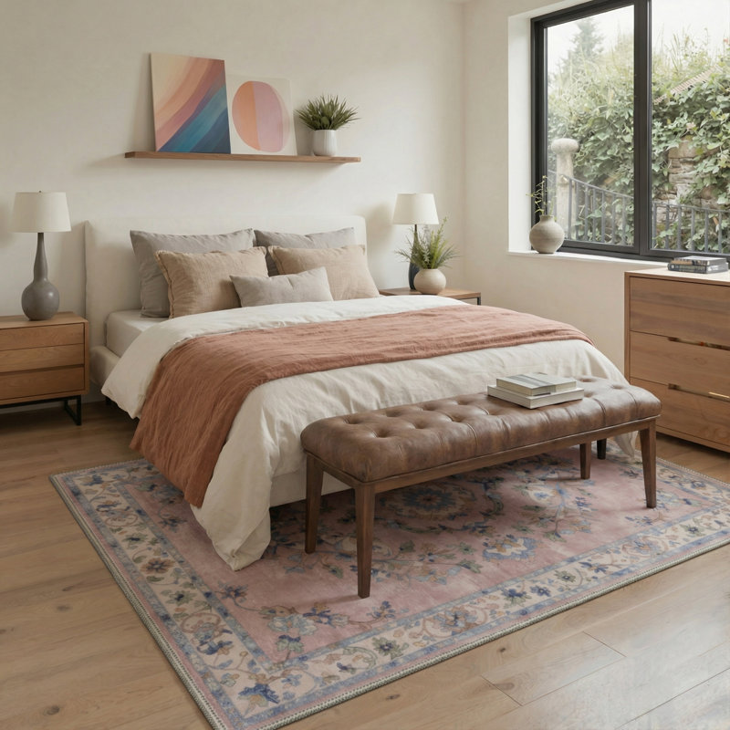 Tapis intérieur rose / bleu / beige lavable à la machine Wildomar avec envers antidérapant, Rectangle 6 pi x 9 pi