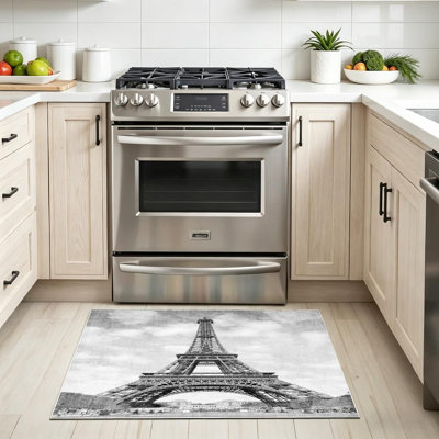 Black Machine Washable,Eiffel Tower Paris France and White Indoor Area Rug