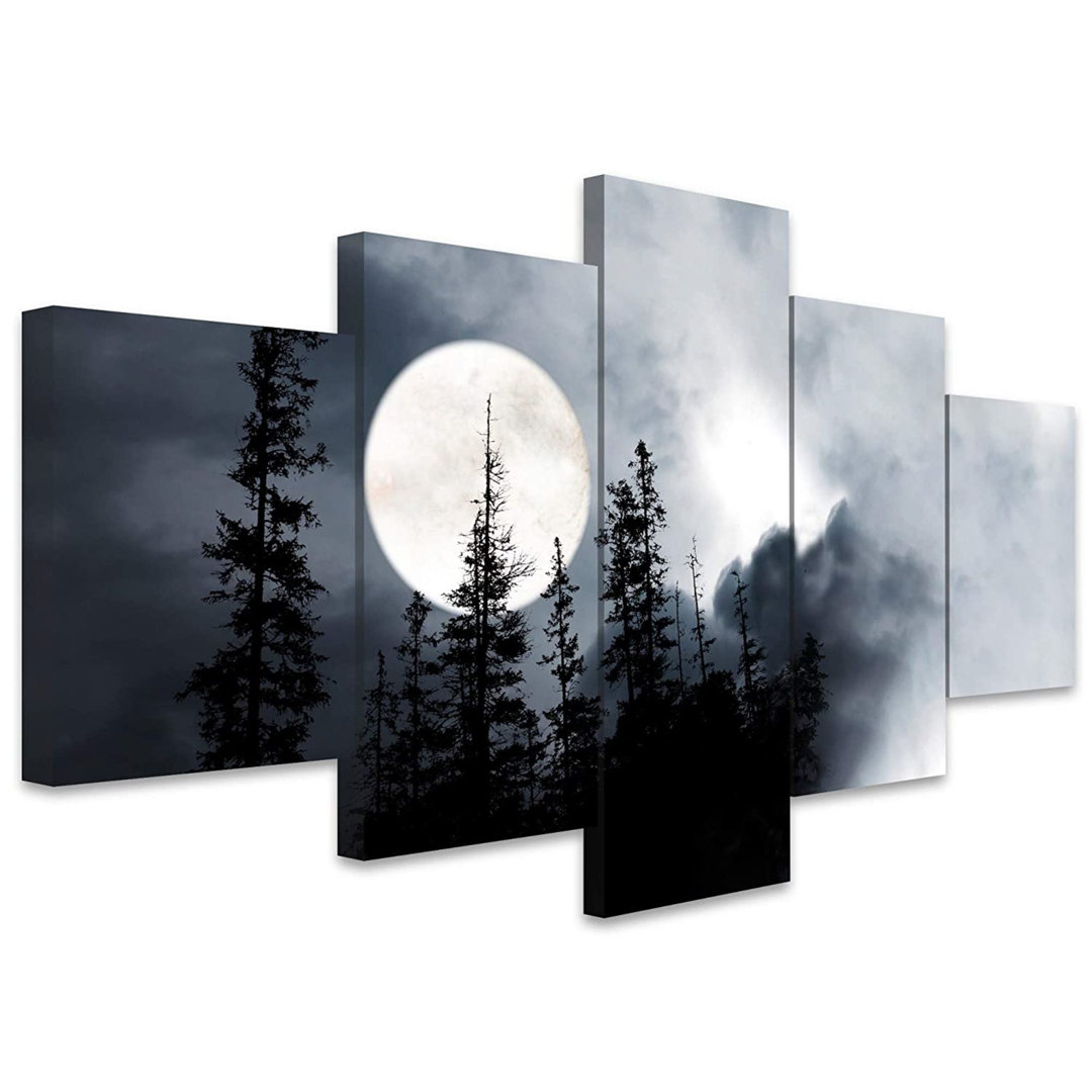 " SIGNLEADER Large Canvas Wall Art Print Full Moon On The Forest Dark Night Black And White Photography Landscape For Living Room Bedroom Office " 5 - Pieces SIGNLEADER