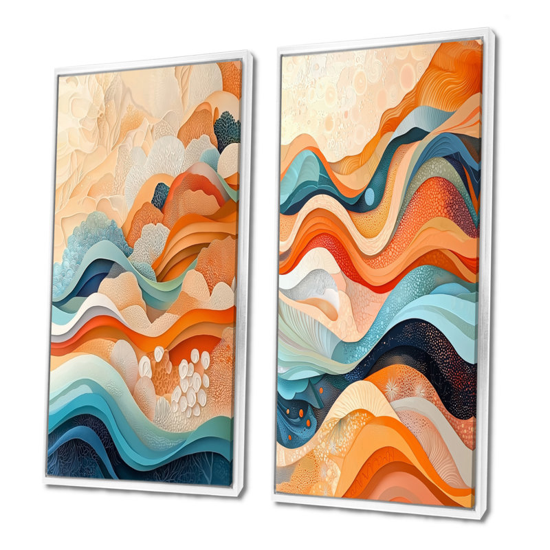 Orange Transitional Spriral Oceanic Waves I - Abstract Wall Decor 2 Panels, 40" H x 41" W, White Floater Framed