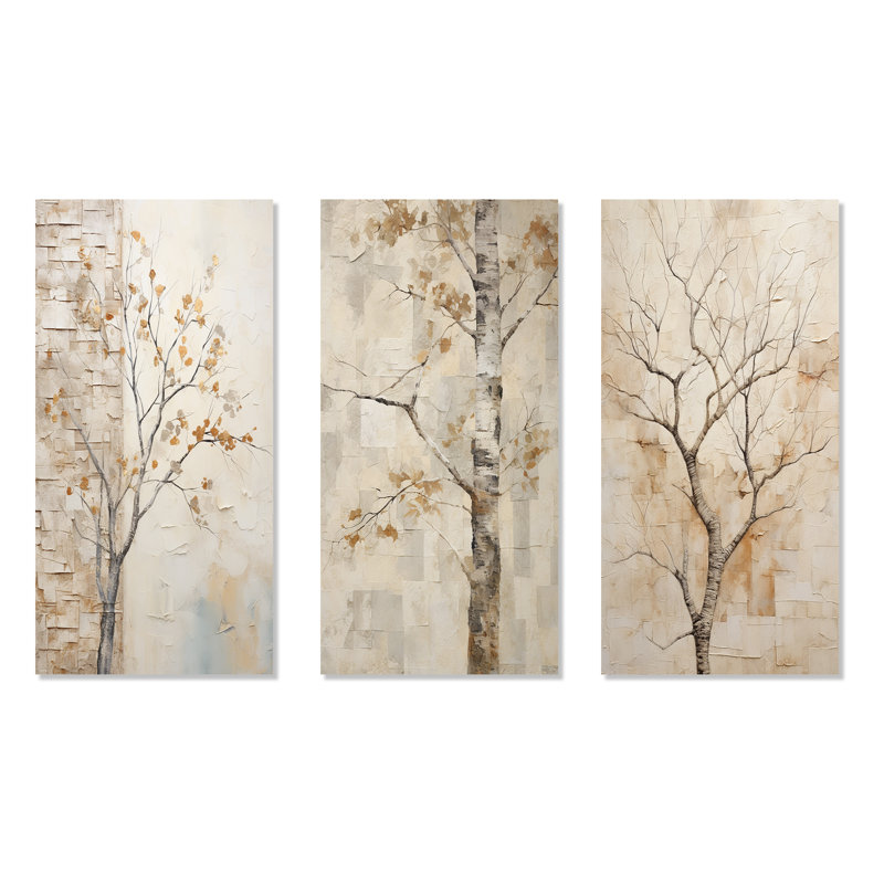 Minimalism Beige Sycamore Tree Solitude - Tree Sycamore Wall Decor Set Of 3, Wrapped Canvas, 32" H x 48" W