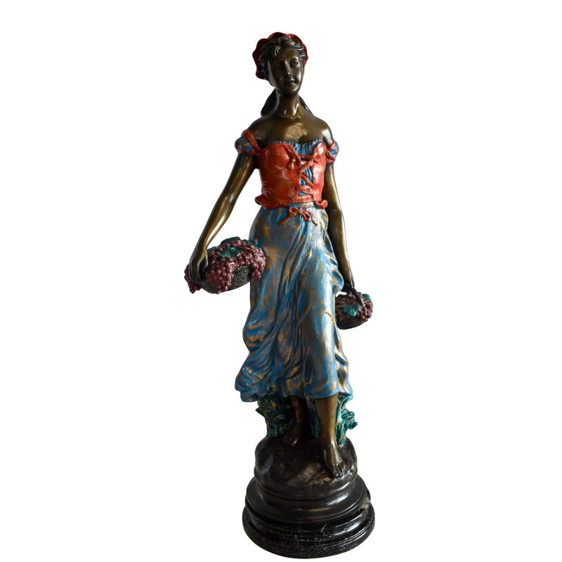 Statue Amore belle femme avec raisins en bronze - Taille: L 14 po x l 6 po x H 20 po., H 30 po x l 13 po x P 10 po