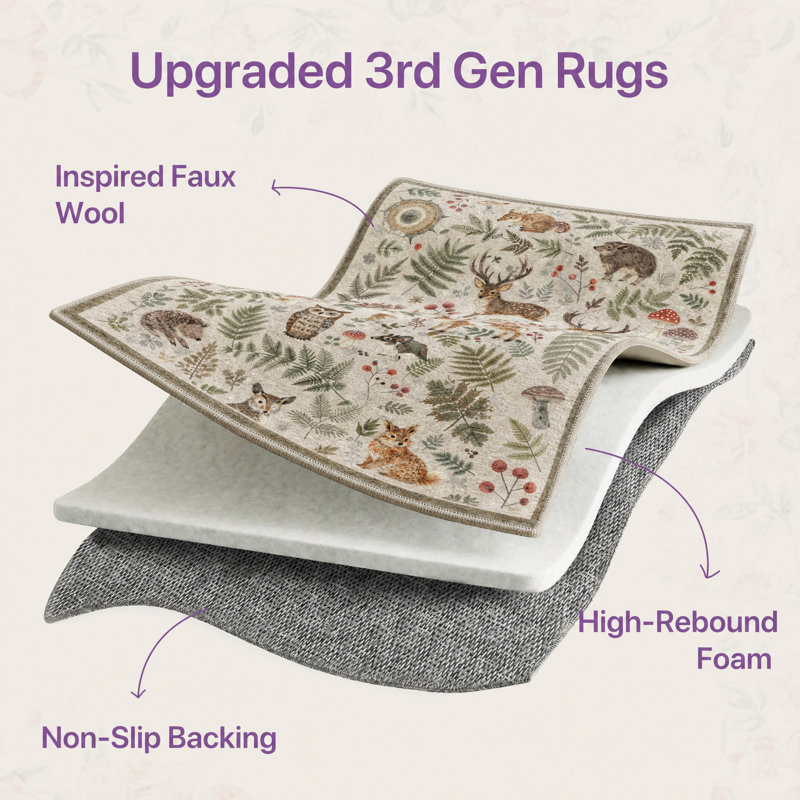 Aarna Woodland Rustic Animals  Beige&Brown Area Rug, Washable Kids Rug with Non-Slip Backing, Brown, Rectangle 5' x 7'