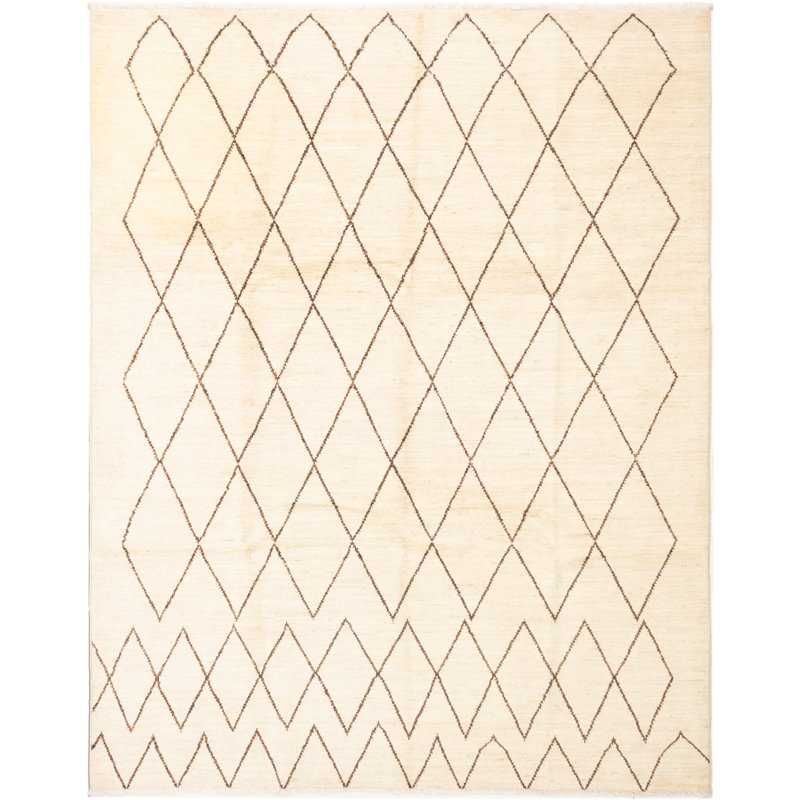 Tapis unique en laine noué à la main beige et noir 9 pi 1 po x 11 pi 6 po style années 2010 Mogul