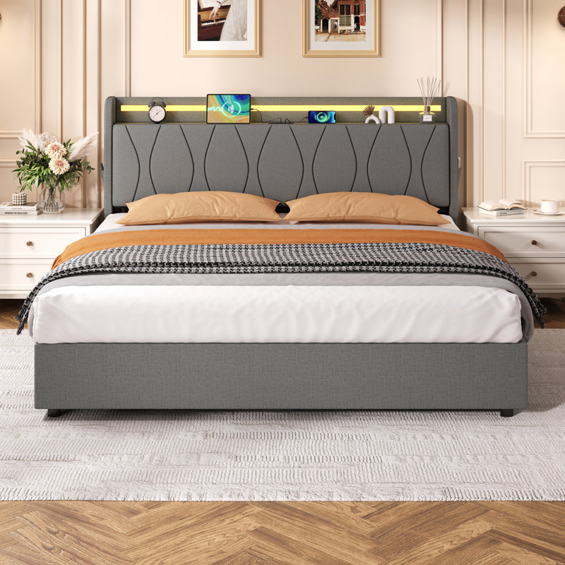Upholstered Bed Frame With Hydraulic Storage, Grey, Kingsize (5')