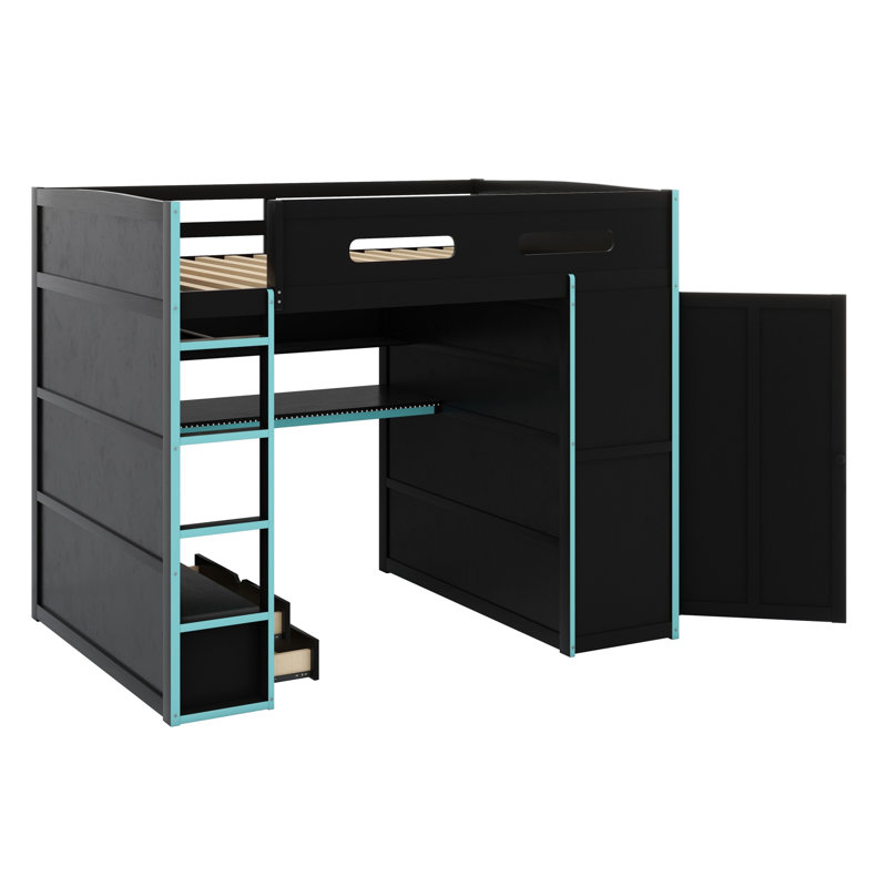 Lit mezzanine en bois avec bureau, garde-robe, grand espace de rangement et lumière DEL RVB, Bleu nuage