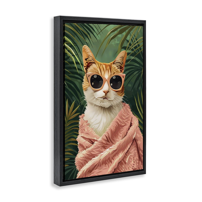 Cadre flottant Cozy Cat and Tropical Plants, design par LSR Design Studio, H 31 po x l 21 po, Cadre flottant noir de jais