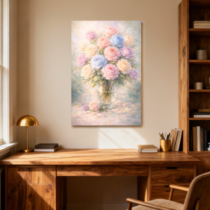 «Valentine's Day Pastel Roses» dans un vase en verre, H 18 po x l 12 po