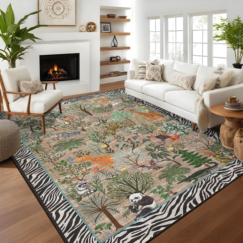 Tapis de salon pour animaux lavable Jungle, Rectangulaire 8 pi x 10 pi, Multicolor