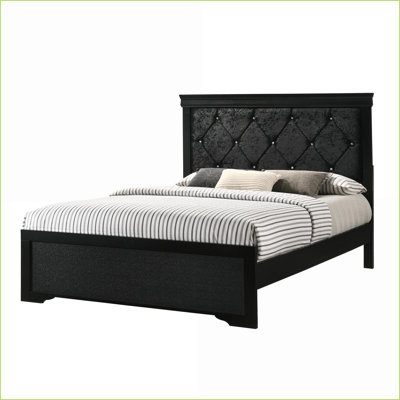 Lit double à panneau en bois pleine grandeur avec tête de lit tapissier - Finition noire, capitonné à boutons en cristal, pour chambre principale / d'amis