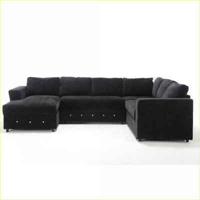 Sectional Sofas | Modern U-Shaped 6-Seat Modular Sofa, Chaise Storage, Chenille, Living Room Apartment | Black | Wood