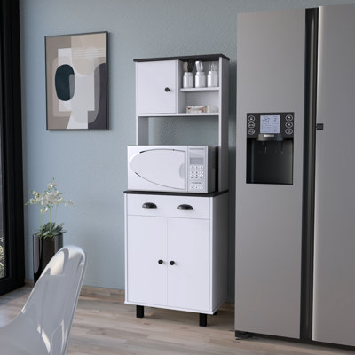 Armoire de cuisine avec rangement spacieux, 2 tablettes ouvertes, 1 tiroir, finition blanche et wengé | Idée de cadeau