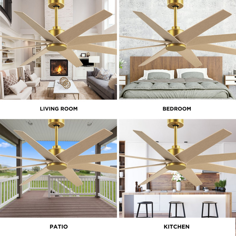 Ariella - Eight Blade Ceiling Fan - Brushed Brass Finish - Matte Black Blades, Brushed Brass, Light Maple Tone