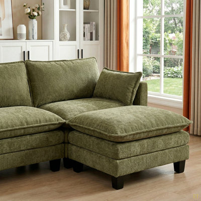 Modern Chenille Sofa Set, 3-Seat Couch With Individual Matching Ottoman, Modular Living Room Furniture With Built-In USB Ports And Side Pockets