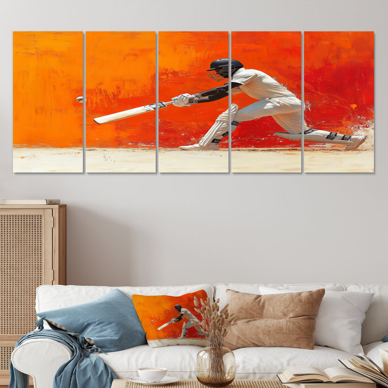 Orange et blanc Sport Cricket Cover Drive - ensemble d'impression d'art mural Cricket Sport, H 28 po x l 60 po