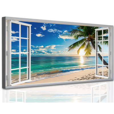  Beach Art Wall Decor Ocean Canvas Wall Art Prints Serene Open Window Pictures Tropical Palm Tree Summer Sunset Painting Coastal Landscape Nautical Artwork for Living Room Bedroom Office, 12x24 inches