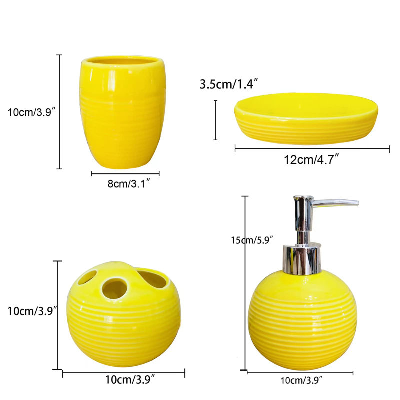 Ensemble d'accessoires de salle de bain en céramique jaune 4 pièces avec porte-brosse à dents, distributeur de lotion, savon, tasse