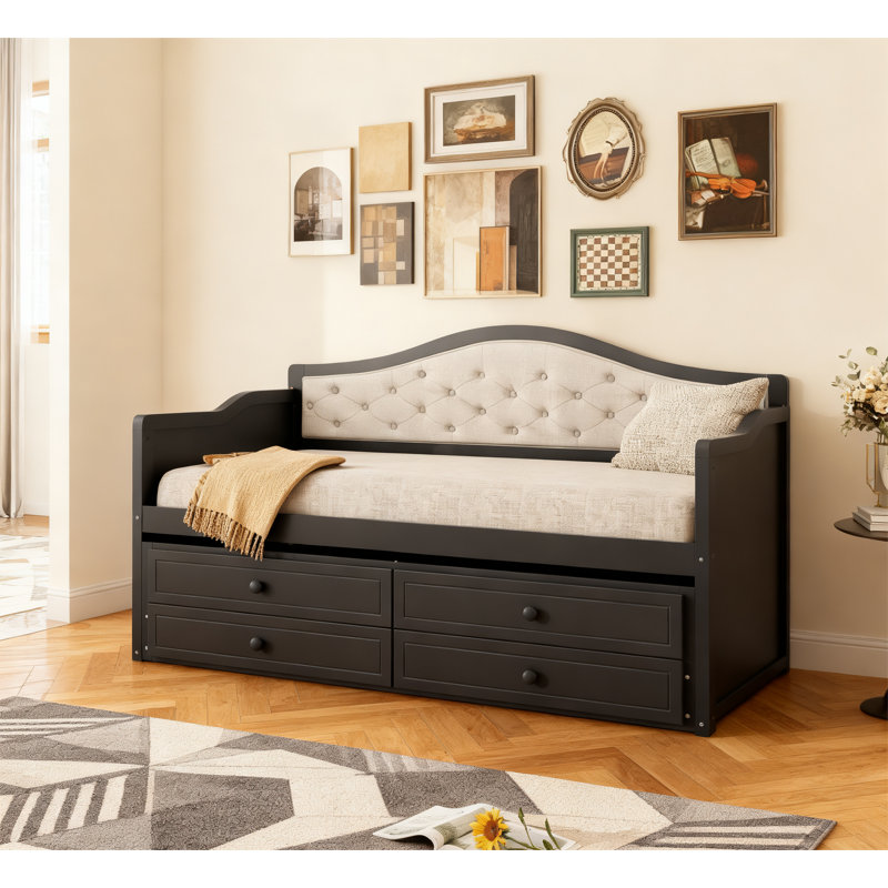Modern Daybed with 2 Storage Drawers and Trundle, Black