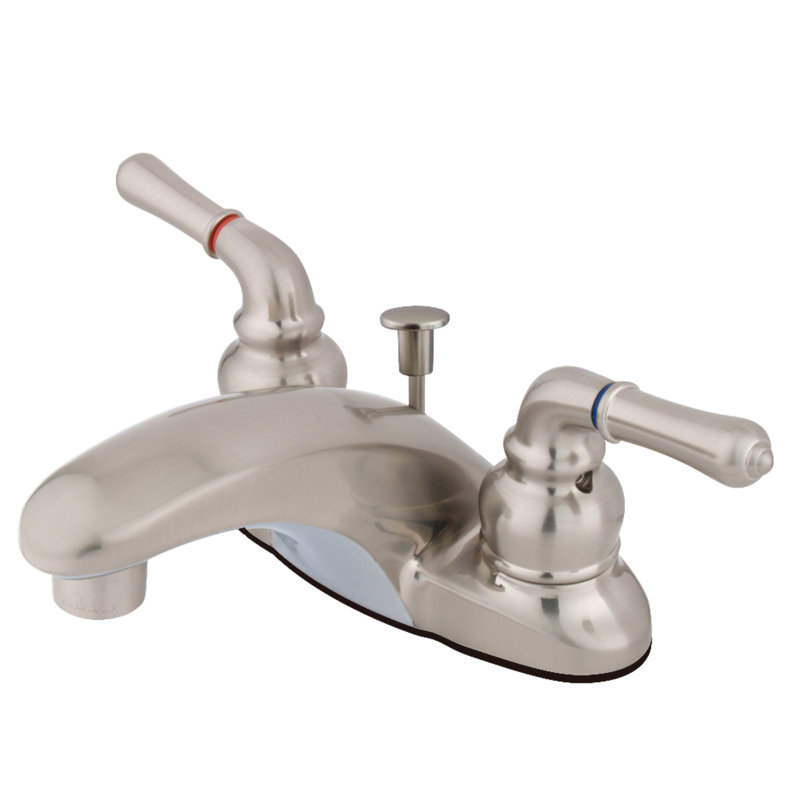 Kingston Brass Magellan Two-Handle 3-Hole Deck Mount 4" Centerset Bathroom Faucet with Plastic Pop-Up, Brushed Nickel