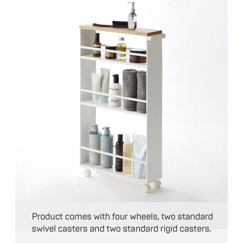 Slimline Tower White Steel Three-Tier Rolling Storage Cart with Wooden Accent