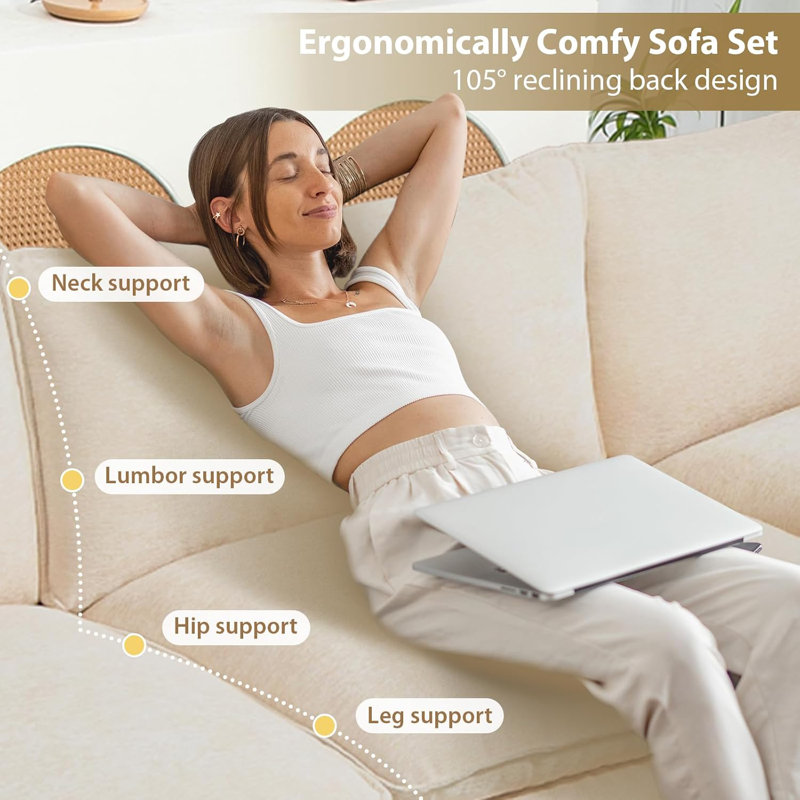 Canapé modulaire rembourré en L avec repose-pieds, H 34,6 po x l 80 po x P 57,8 po, Chenille beige