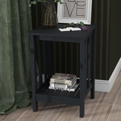 Table de bout carrée moderne noire avec tablette de rangement ouverte - Table de chevet en bois rustique pour le salon, le bureau, la chambre à coucher