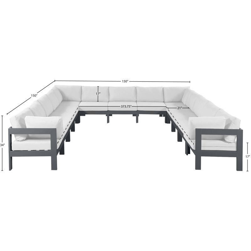 Canapé modulaire d'extérieur en forme de U avec coussins Lysandros, Blanc, Gris foncé