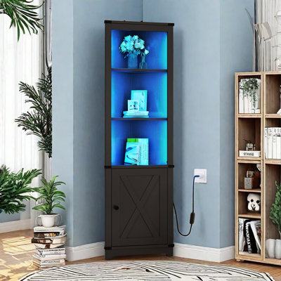 Aspenn 67" H Corner Bookcase with LED Light, Corner Storage Cabinet with Adjustable Shelf