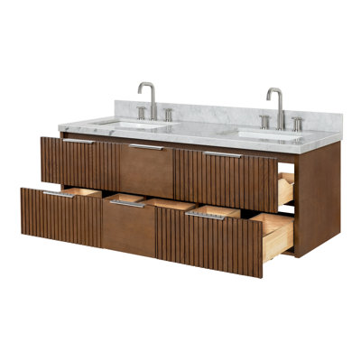 Ensemble de meuble-lavabo mural rectangulaire 61 po Mulloy avec comptoir en marbre blanc de Carrare 1,5 po en chêne brun