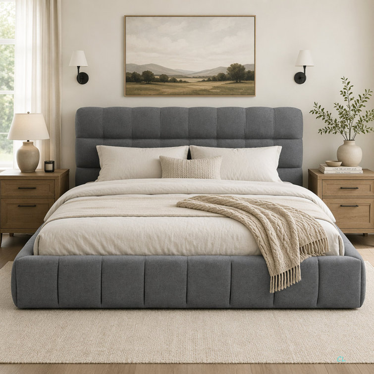 Queen Size Upholstered Platform Bed With Thick Fabric, Grounded Bed With Solid Frame