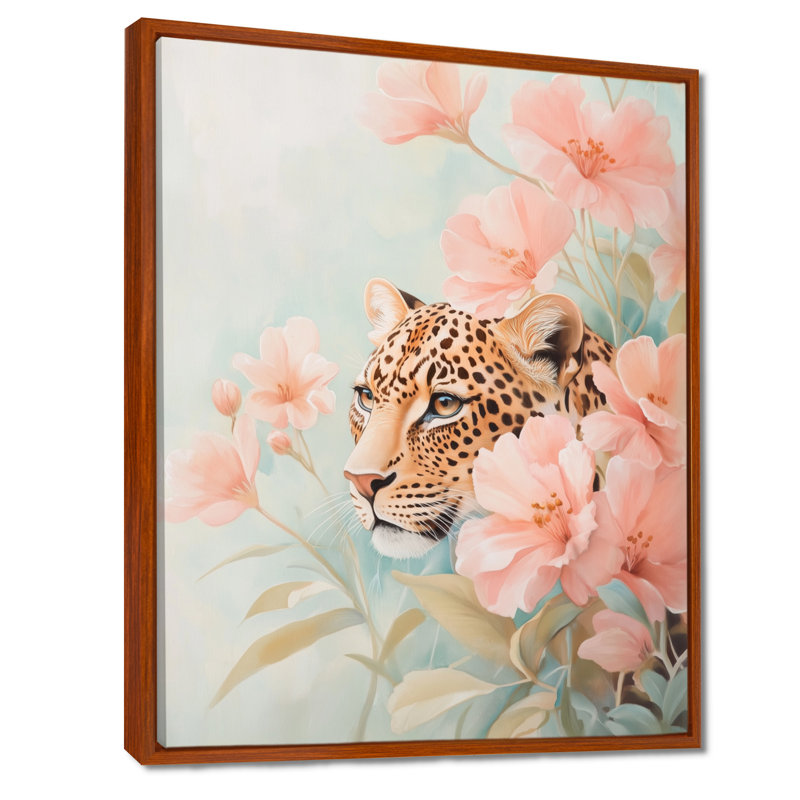 Léopard et fleurs roses - Portrait animalier encadré sur toile, H 32 po x l 24 po, Cadre flottant brun