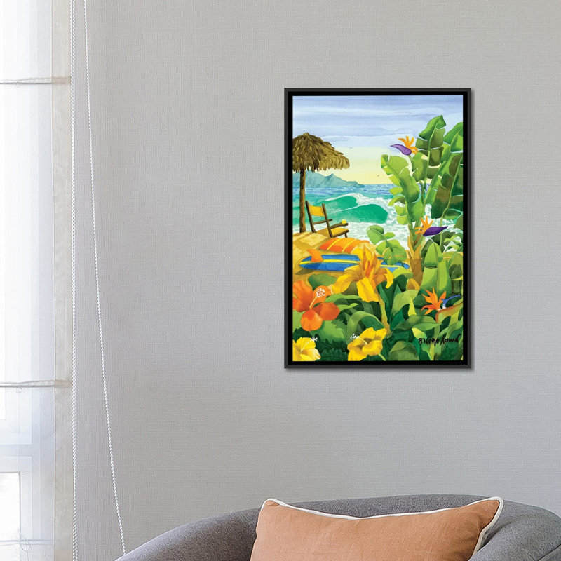 «Tropical Holiday» par Robin Wethe Altman - impression d'art graphique, H 26 po x l 18 po x 1,5 po, Toile avec cadre noir