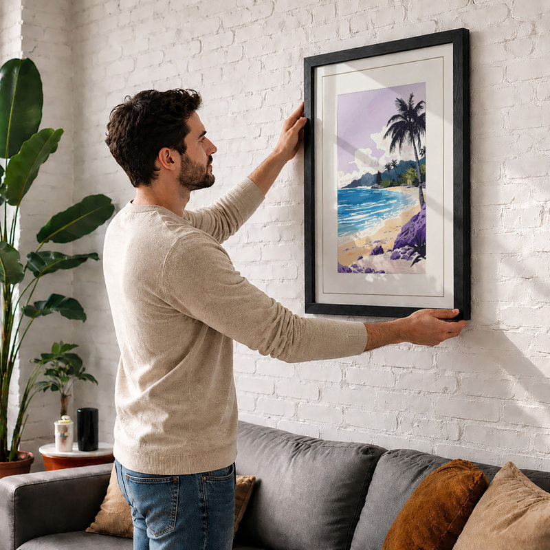 Quiet Tropical Shore Coastal - Framed Print, A2 - 59.4 x 42.0 cm, Oak