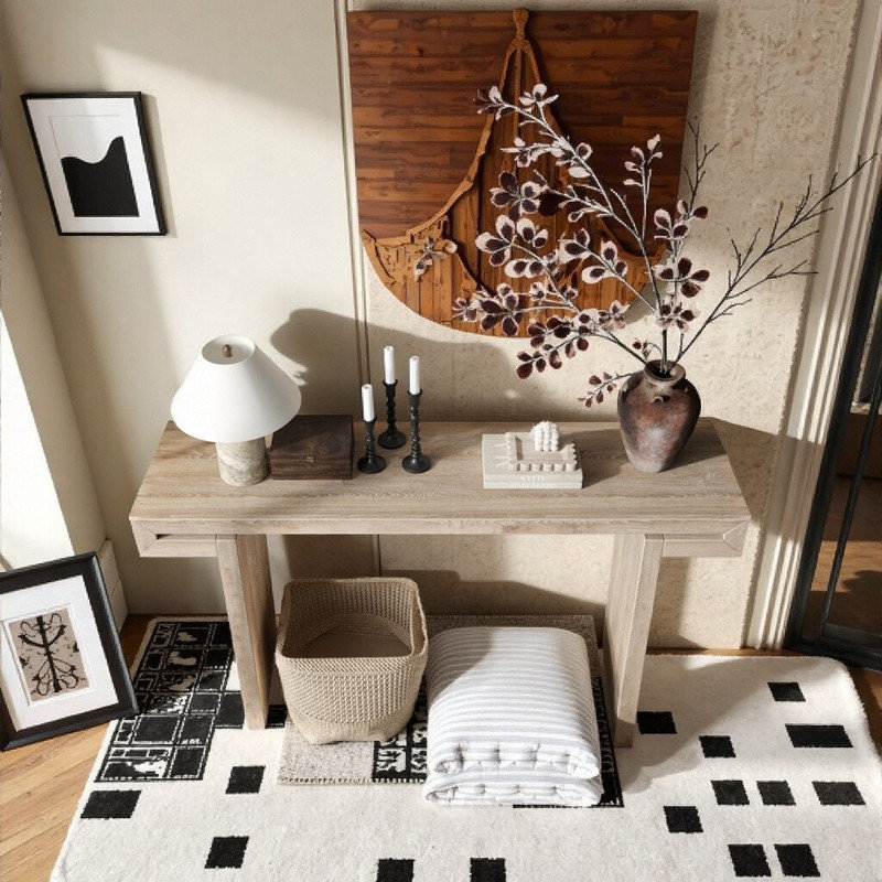 60 Inch Console Table with Open Storage, Solid Wood Veneer Construction, Natural Wood