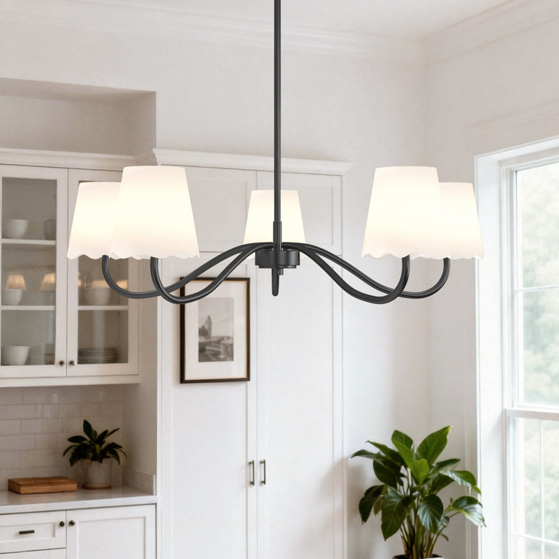 5-Light Chandelier with Fabric Shades, Matte Black, White 