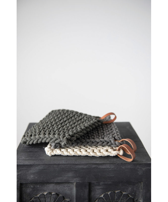 Hand-Crocheted Cotton Pot Holders with Leather Loop, Set of 3