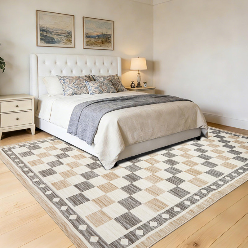 8x10 Checkered Area Rug, Abstract Washable Soft Rugs for Living Room, Modern Geometric Non Slip Low Pile Carpet for Bedroom, Dining Room, Beige