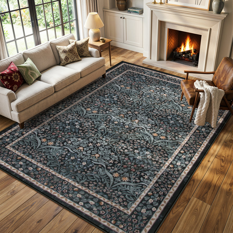  Vintage Floral Washable 8X10 Black Indoor Area Rugs for Living Room Bedroom, Boho Non-Slip Forest Carpet Rug for Entryway