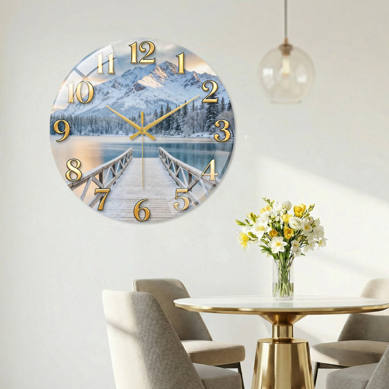 «Mountain Lake», horloge murale en verre, 40 x 40 cm (15,7 x 15,7 pouces)