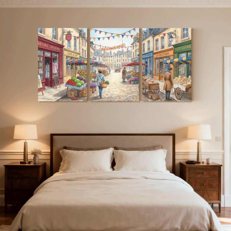 Scénario et paysage urbain, marché français, scène de rue, ensemble de 3 impressions sur toile, H 30 po x l 60 po