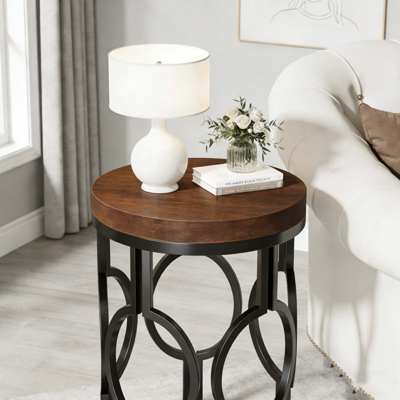 Table d'appoint ronde avec structure creuse en métal, Brun rustique