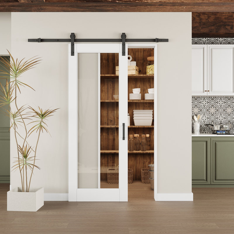 Modern White Primed And 1-Lite Clear Glass Sliding Barn Door With Installation Hardware Kit(No Assembly Required), 28" x 80"