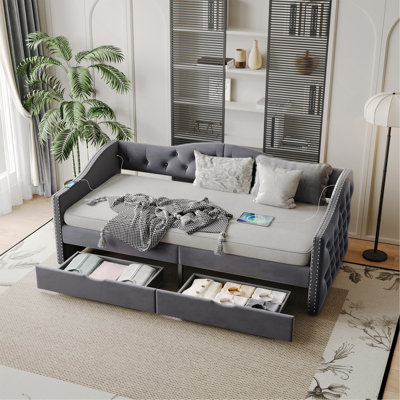 Grey Twin Daybed With Storage - No Box Spring Needed, Upholstered In Velvet Covered Linen Wood Frame Superior Distribution And Style