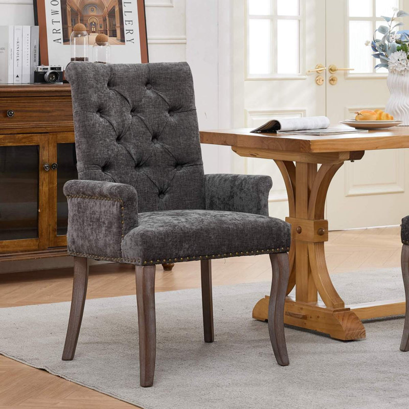 Upholstered Chenille Fabric Accent Dining Chair, Curved Solid Wood Legs, Elegant Tufted Club Dining Room Kitchen Room Arm Dining Chair, Single Pack