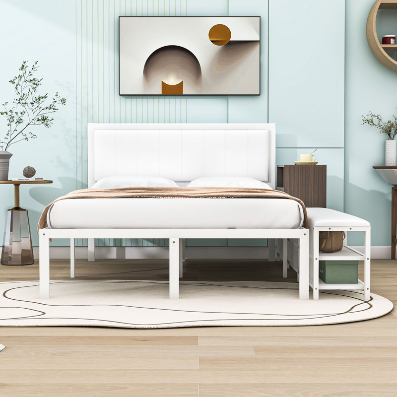 Lit plateforme avec tablettes de rangement à deux niveaux et armoire de rangement, Double, Blanc