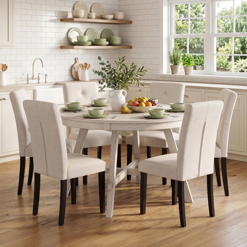 Ensemble de table de salle à manger 7 pièces pour 6 personnes, table de cuisine en bois massif et 6 chaises rembourrées en lin avec pieds en bois d'hévéa massif, ensemble de salle à manger style campagne moderne Mid-Century, beige
